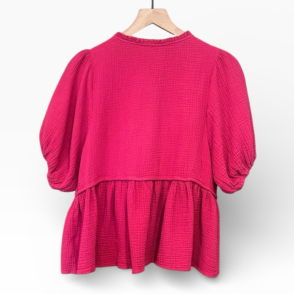 Umgee Cotton Gauze Floral Embroidery Babydoll Blouse in Deep Rose Size Small - Picture 5 of 12